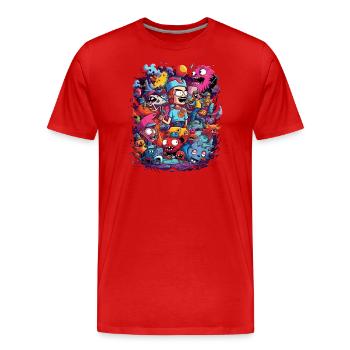 Cartoon Figuren Monster Mensch Tiere Bunt - Männer Premium Bio T-Shirt - Rot - Vorne - Damien (186cm)
