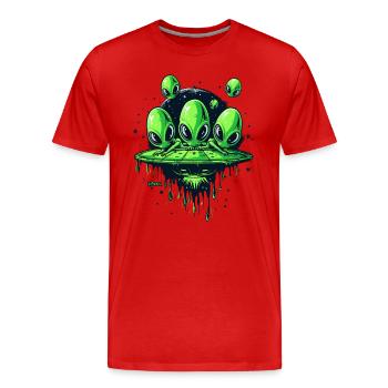 Lustige Flugscheibe: Grüne kleine Alien Invasion - Männer Premium Bio T-Shirt - Rot - Vorne - Damien (186cm)
