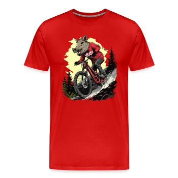 Mountainbike fahrende Wildschwein Eber Sau Schwein - Männer Premium Bio T-Shirt - Rot - Vorne - Damien (186cm)