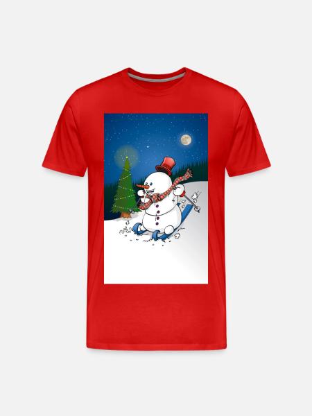 Illustration of a cheerful snowman on skis - Men's Premium Organic T-Shirt - red