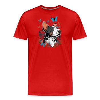 Cheerful bull terrier and butterfly - Men's Premium Organic T-Shirt - red - Front - Damien (186cm)