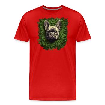 Bouledogue français regardant hors des buissons - T-shirt bio Premium Homme - rouge - Devant - Damien (186cm)