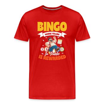Bingo où crier en public est récompensé - T-shirt bio Premium Homme - rouge - Devant - Damien (186cm)