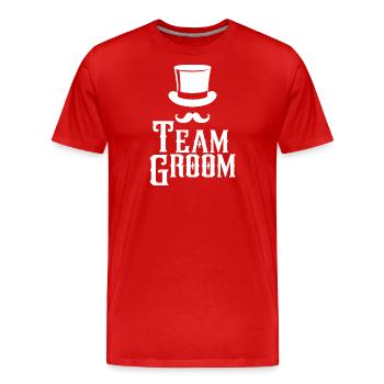 Team Groom Top Hat & Mustache Mens Enterrement de vie de garçon - T-shirt bio Premium Homme - rouge - Devant - Damien (186cm)