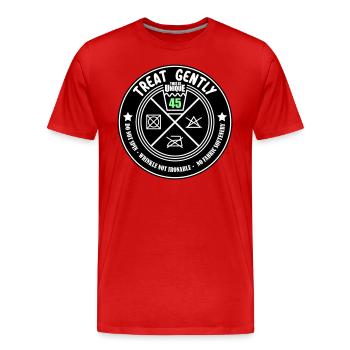 Schonend behandeln Unikat 45 | Farben änderbar - Männer Premium Bio T-Shirt - Rot - Vorne - Damien (186cm)