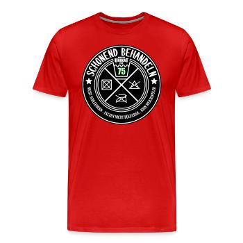 Schonend behandeln Unikat 75 | Farben änderbar - Männer Premium Bio T-Shirt - Rot - Vorne - Damien (186cm)