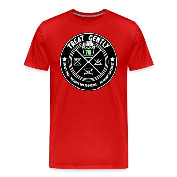 Schonend behandeln Unikat 70 | Farben änderbar - Männer Premium Bio T-Shirt - Rot - Vorne - Damien (186cm)