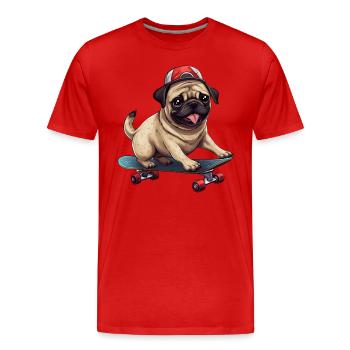 Skateboarding Pug: Dynamic Dog and - Men's Premium Organic T-Shirt - red - Front - Damien (186cm)