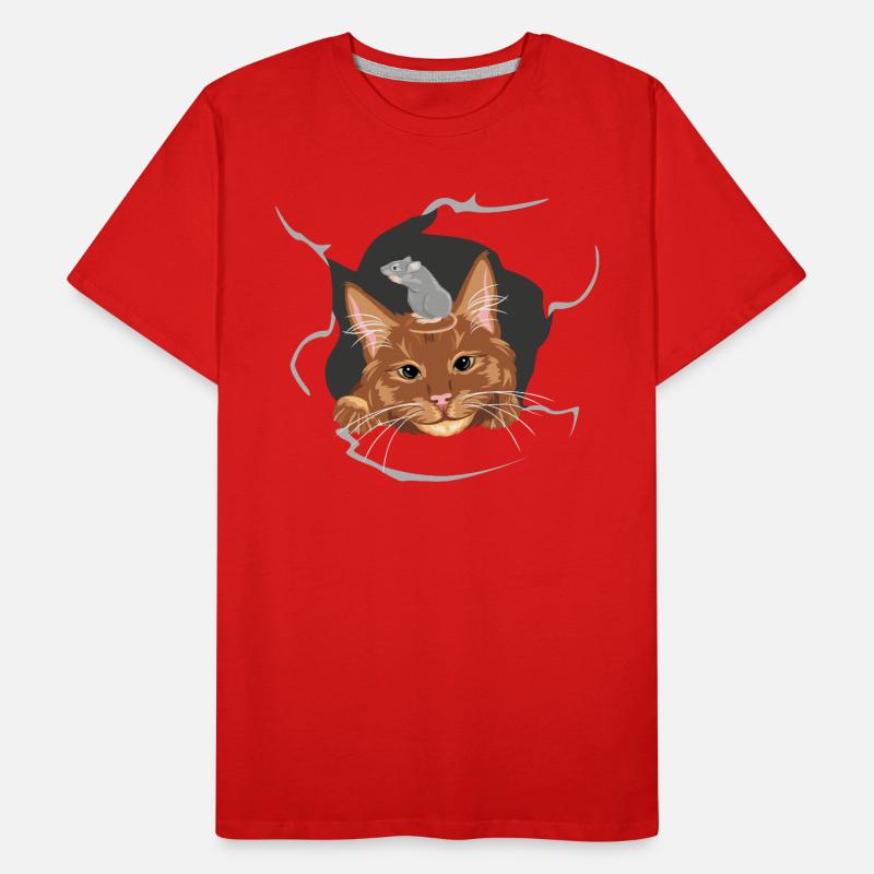 Cat and grey mouse peeks through a broken wall Men's Premium Organic T-Shirt