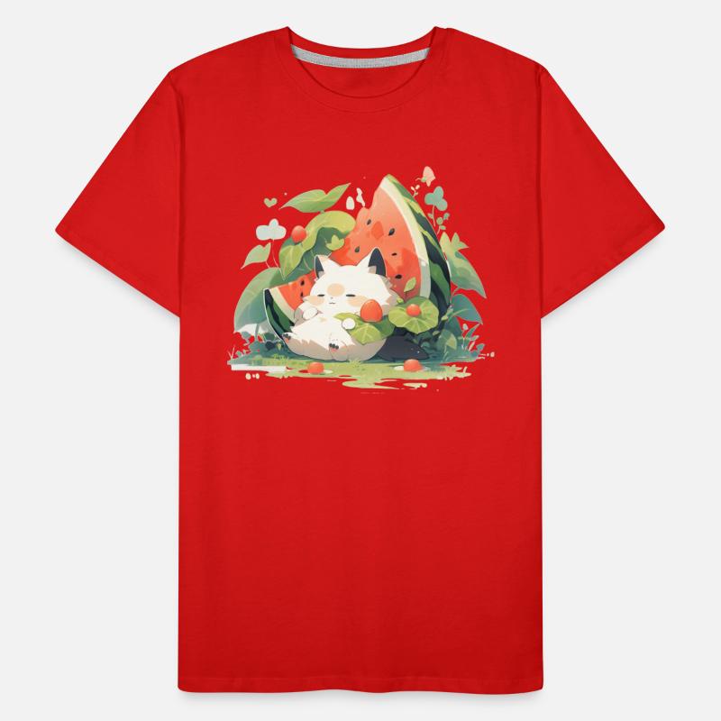 Mignon Kawaii Chat Pastèque Nourriture T-shirt bio Premium Homme