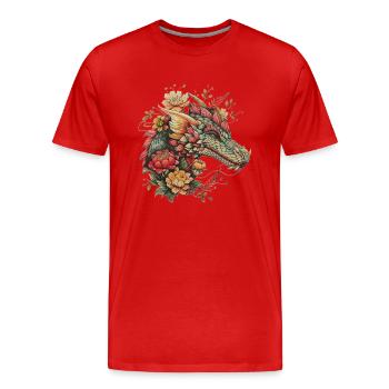 Dragon with flowers - Men's Premium Organic T-Shirt - red - Front - Damien (186cm)