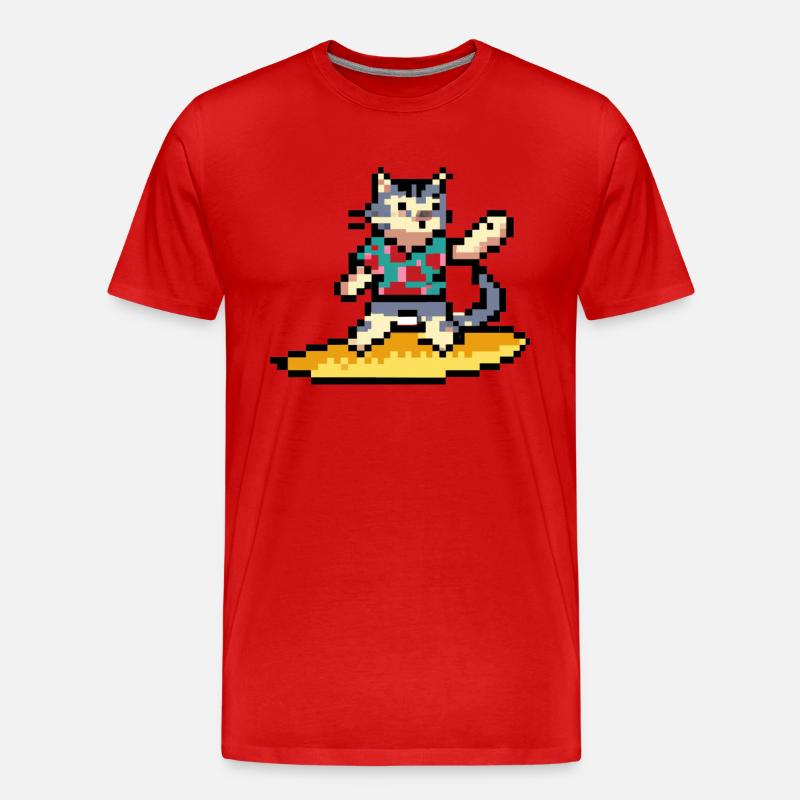 Surfkatze, Pixelkunst - Männer Premium Bio T-Shirt - Rot