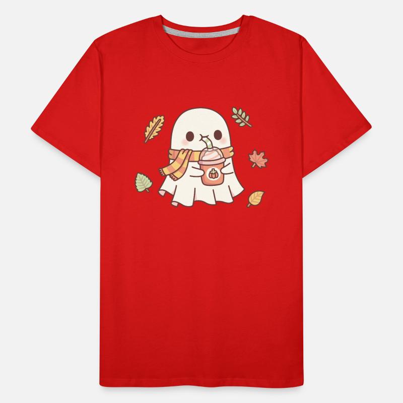Cute Ghost Drinking Pumpkin Spice Latte Autumn Men's Premium Organic T-Shirt