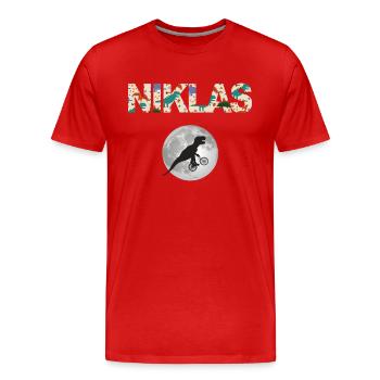 NIKLAS - Beautiful boy name with dinosaur - Men's Premium Organic T-Shirt - red - Front - Damien (186cm)