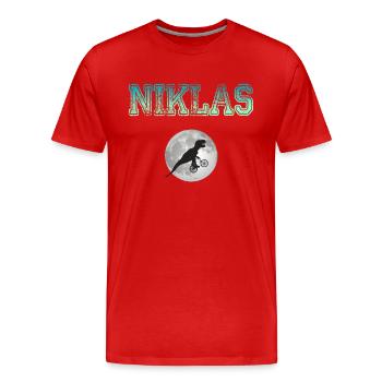 NIKLAS - Beautiful boy name with dinosaur - Men's Premium Organic T-Shirt - red - Front - Damien (186cm)