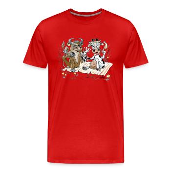 STRAWBERRY AND BULL ON AN EXCURSION - COWS ON PASTURE - Men's Premium Organic T-Shirt - red - Front - Damien (186cm)