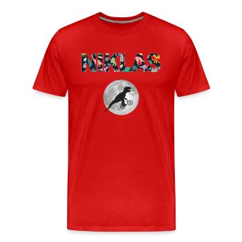 NIKLAS - Beautiful boy name with dinosaur - Men's Premium Organic T-Shirt - red - Front - Damien (186cm)