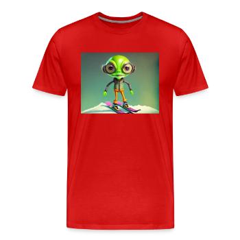 niedliches kleines grünes Retro-Vintage-Alien fährt Ski - Männer Premium Bio T-Shirt - Rot - Vorne - Damien (186cm)