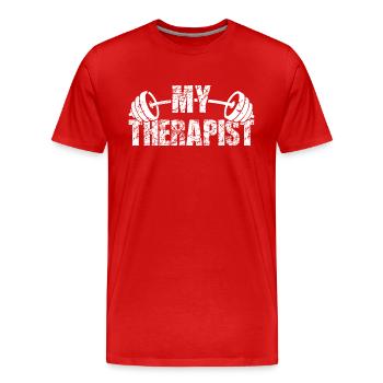 My Therapist Langhantel Bodybuilder Spruch - Männer Premium Bio T-Shirt - Rot - Vorne - Damien (186cm)
