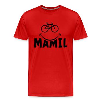 Mamil. Vélo de route, bière et vin et mauvais vêtements - T-shirt bio Premium Homme - rouge - Devant - Damien (186cm)