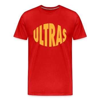 Ultras - Schriftzug - Gelb - Männer Premium Bio T-Shirt - Rot - Vorne - Damien (186cm)