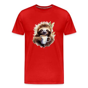 Cooles Faultier mit Kaffeetasse - Männer Premium Bio T-Shirt - Rot - Vorne - Damien (186cm)