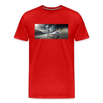 Alien gris sur la surface de la lune – Couple qui s’embrasse - T-shirt bio Premium Homme - rouge - Devant - Damien (186cm)