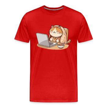 Kätzchen am Laptop mit Decke und Frühstück - Männer Premium Bio T-Shirt - Rot - Vorne - Damien (186cm)