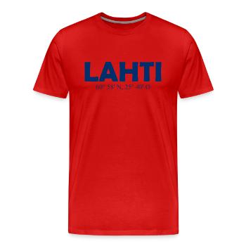 Lahti - Finlande - Coordonnées - Longitude Latitude - T-shirt bio Premium Homme - rouge - Devant - Damien (186cm)