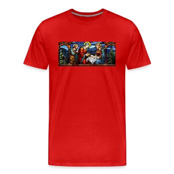 Jésus, Marie et Joseph. Noël chrétien. Amour et Paix - T-shirt bio Premium Homme - rouge - Devant - Damien (186cm)