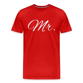 Partnershirts "Mr. & Mrs." weiß - Männer Premium Bio T-Shirt - Rot - Vorne - Damien (186cm)