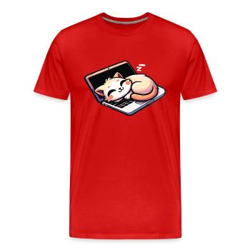 Katze schläft am Laptop - Männer Premium Bio T-Shirt - Rot - Vorne - Damien (186cm)