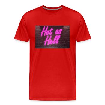 Enseigne au néon Hot as Hell sur un mur de briques - T-shirt bio Premium Homme - rouge - Devant - Damien (186cm)