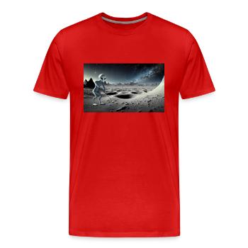 Alien gris sur la surface de la lune – Jouer au golf - T-shirt bio Premium Homme - rouge - Devant - Damien (186cm)