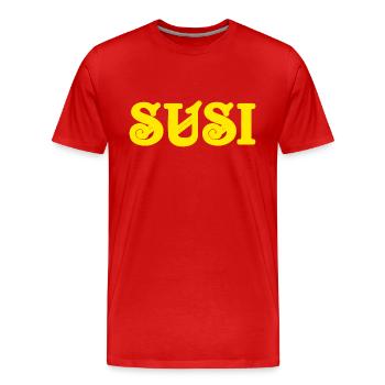 Texte vintage Susi Jaune Texte - T-shirt bio Premium Homme - rouge - Devant - Damien (186cm)