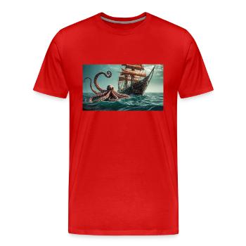 Gruselige mythische Orte – Kraken-Segelschiff - Männer Premium Bio T-Shirt - Rot - Vorne - Damien (186cm)