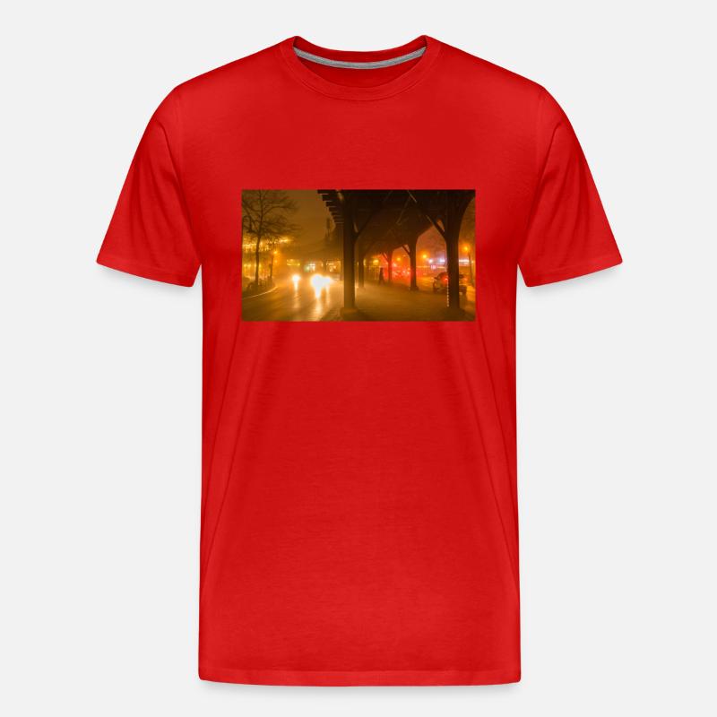 Hochbahn am nebligen Abend - Männer Premium Bio T-Shirt - Rot