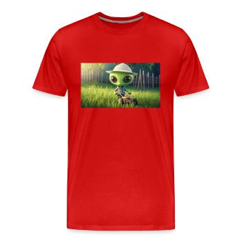 niedliches kleines grünes Retro Alien Rasen mähen - Männer Premium Bio T-Shirt - Rot - Vorne - Damien (186cm)