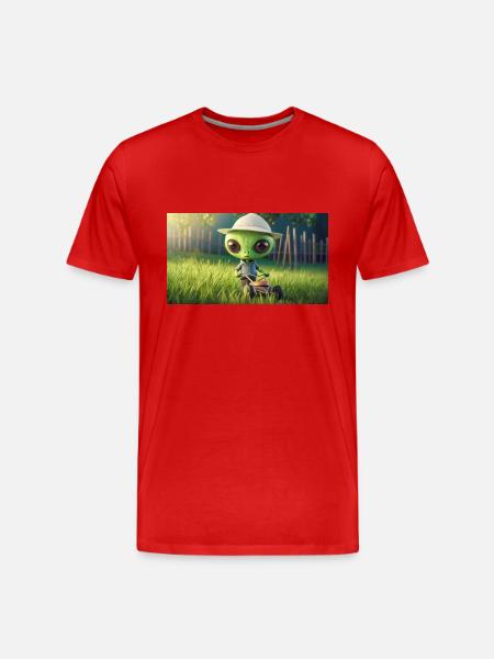 niedliches kleines grünes Retro Alien Rasen mähen - Männer Premium Bio T-Shirt - Rot