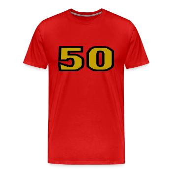 50. 50 ANS. 50e ANNIVERSAIRE. ANNIVERSAIRE 50 ANS. - T-shirt bio Premium Homme - rouge - Devant - Damien (186cm)