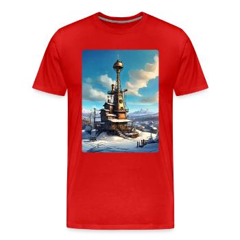 Paysage d’hiver steampunk avec tour radio 1.13 - T-shirt bio Premium Homme - rouge - Devant - Damien (186cm)