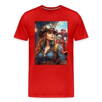 Steampunk Firefighter Woman 1.8 - Men's Premium Organic T-Shirt - red - Front - Damien (186cm)