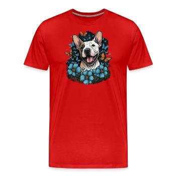 Cheerful Bull Terrier with flowers and butterfly - Men's Premium Organic T-Shirt - red - Front - Damien (186cm)