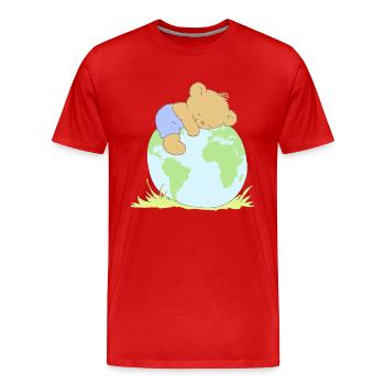 Cute Teddy Bear hugging world globe. - Männer Premium Bio T-Shirt - Rot - Vorne - Damien (186cm)