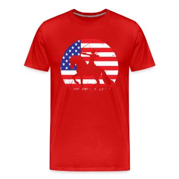 American archer rider with bow in front of flag - Men's Premium Organic T-Shirt - red - Front - Damien (186cm)