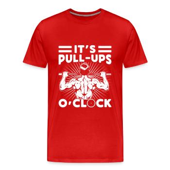 Accros de la salle de sport C’est Pull-Ups O ́Clock Calisthenics - T-shirt bio Premium Homme - rouge - Devant - Damien (186cm)