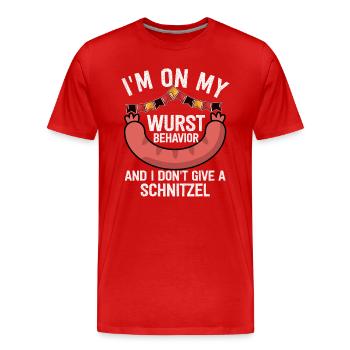 Je suis sur mon comportement de saucisse - T-shirt bio Premium Homme - rouge - Devant - Damien (186cm)