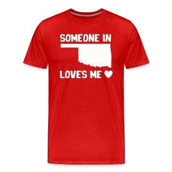Quelqu’un dans l’Oklahoma m’aime - T-shirt bio Premium Homme - rouge - Devant - Damien (186cm)