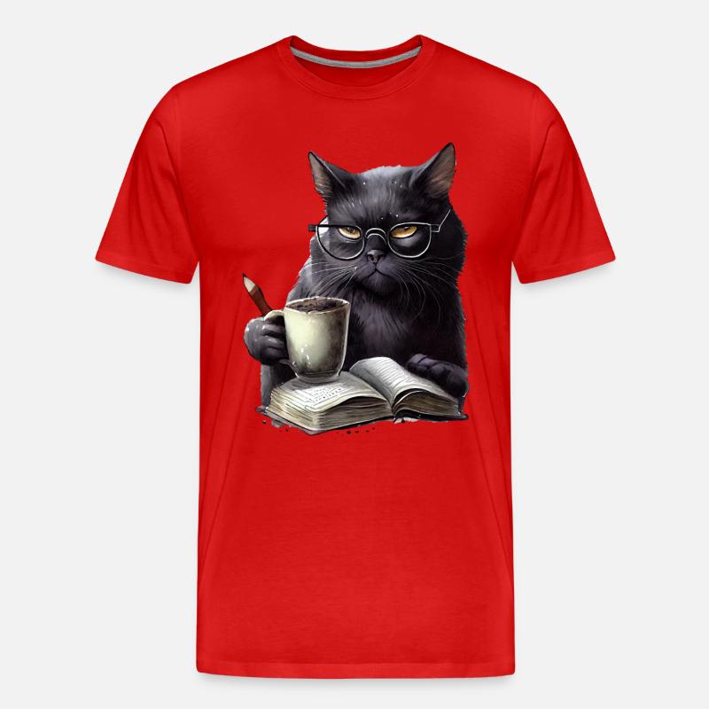 Schwarze Katze Liest Buch - Männer Premium Bio T-Shirt - Rot