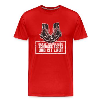 Mein Optimismus trägt schwere Boots und ist laut. - Männer Premium Bio T-Shirt - Rot - Vorne - Damien (186cm)